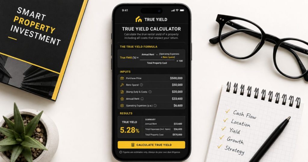 A smartphone displaying a rental yield calculator that accounts for renovation costs