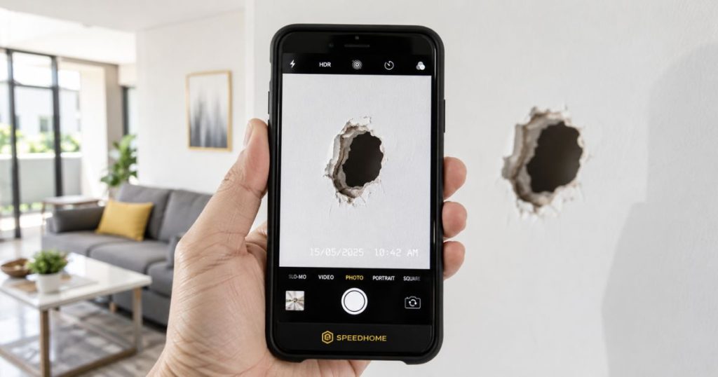 A smartphone documenting property damage with a date stamp for a rental deposit claim