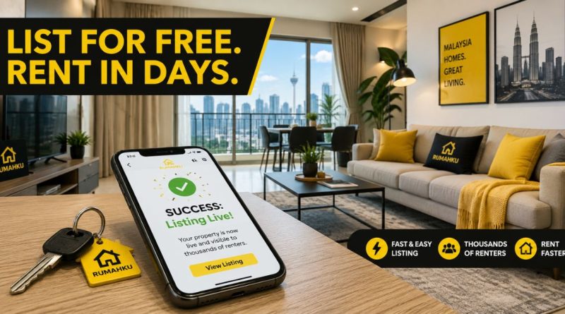 A smartphone on a coffee table showing a successful property listing notification in a bright Malaysian apartment