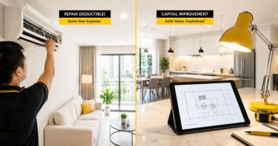 A split concept layout of property repair work and renovation blueprints, demonstrating the LHDN distinction between capital improvements and repairs