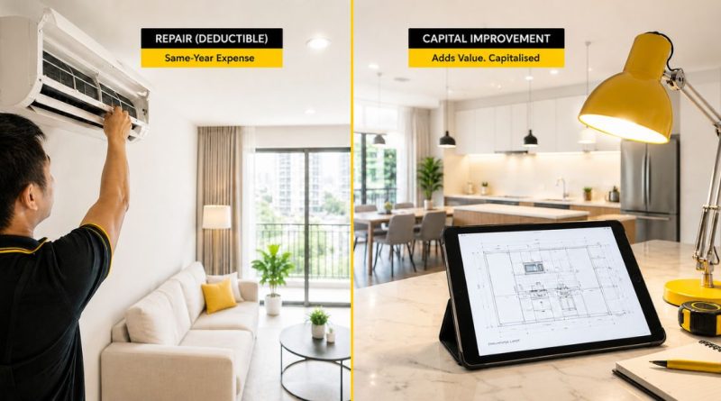 A split concept layout of property repair work and renovation blueprints, demonstrating the LHDN distinction between capital improvements and repairs