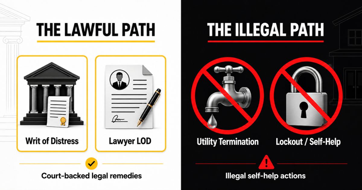 A split-screen infographic separating legal debt recovery options from illegal self-help landlord actions like cutting utilities