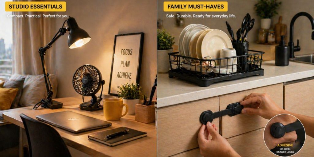 A split-screen visual comparing compact gifts for studio renters with practical, safety-oriented gifts for families in larger Malaysian rental units