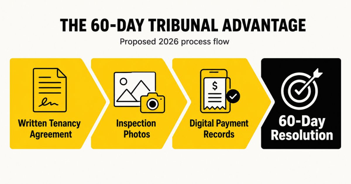 A step-by-step infographic showing the evidentiary requirements and fast-track 60-day timeline of the proposed Malaysian Tenancy Tribunal