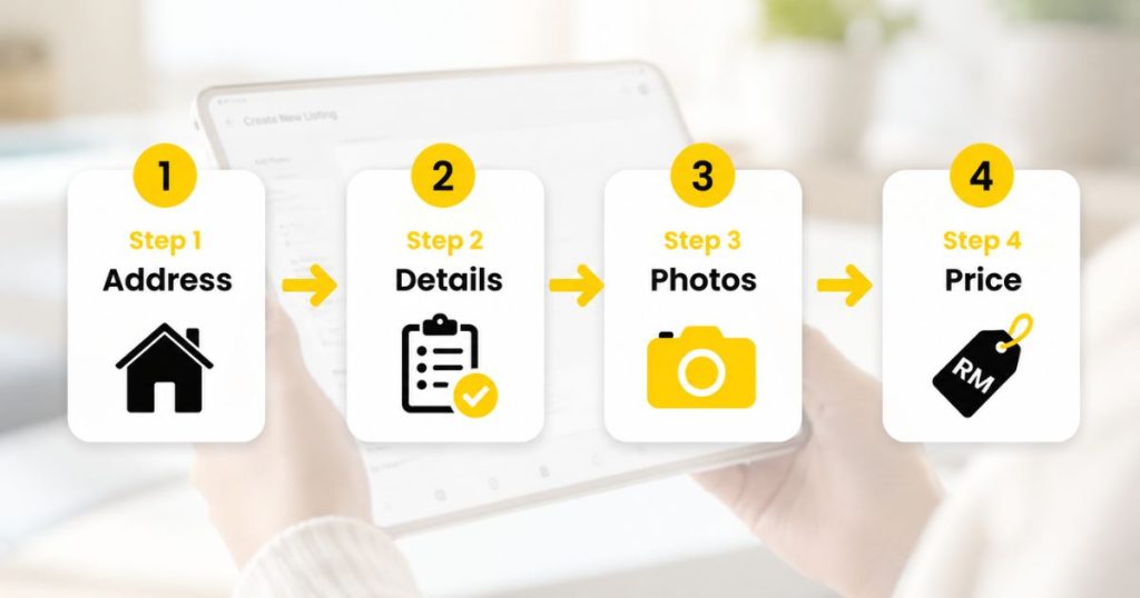 A step-by-step process flow showing the four simple stages of listing a property on SPEEDHOME