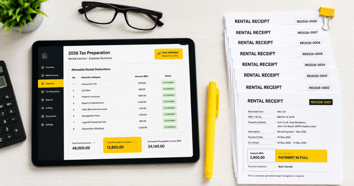 A tablet and sequential rental receipts arranged cleanly for LHDN tax declaration compliance
