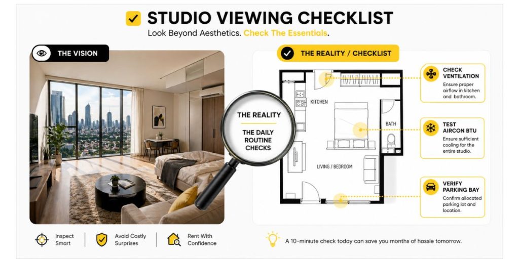 A technical viewing checklist for Empire City Damansara studios, highlighting critical areas like ventilation, aircon strength, and parking allocation