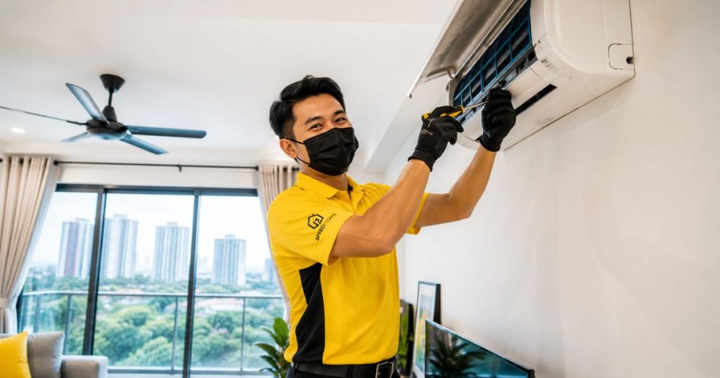 A technician wearing a branded uniform repairing a wall-mounted air conditioning unit in a modern Malaysian apartment