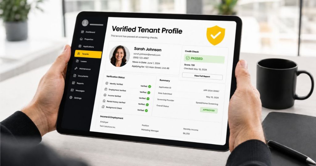A tenant screening dashboard on a tablet showing verified credit and income checks to prevent rental defaults. How to Rent Out Your Property in Malaysia