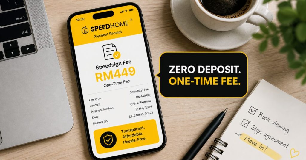 A visual breakdown of the Speedsign fee for tenants in Malaysia, showing it as the only additional cost compared to traditional deposits