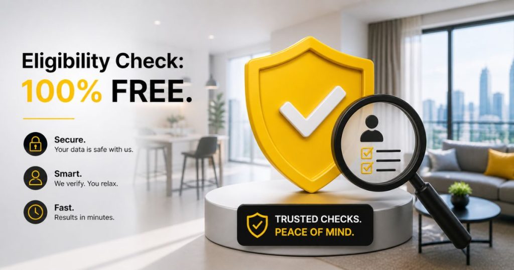 A visual representation of the free Zero Deposit eligibility and background check process on SPEEDHOME for Malaysian renters