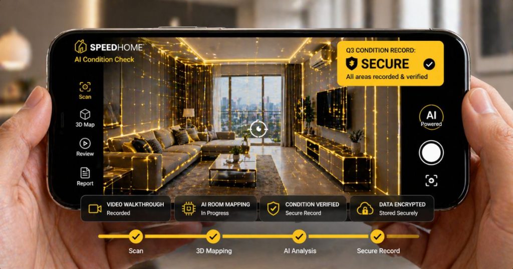 A visualization of SPEEDHOME’s AI-powered video walkthroughs for quarterly property condition checks in Malaysia