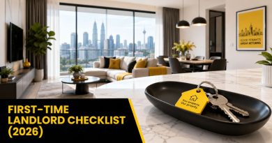 A wide-angle view of a modern Malaysian condo interior with keys, representing the ultimate checklist for first-time landlords