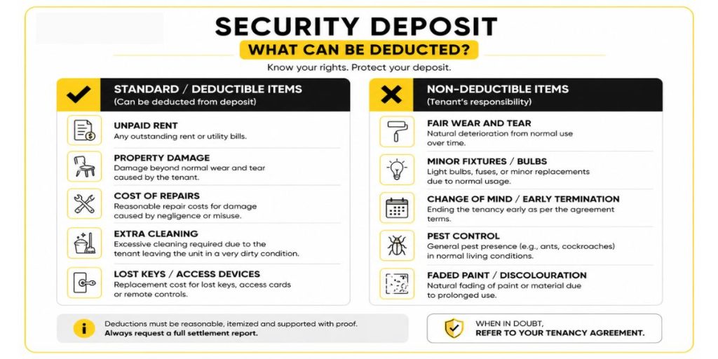 A branded infographic visualizing the legal consequences and timeline when a tenant stops paying rent in Malaysia, highlighting costs and duration using yellow and black design