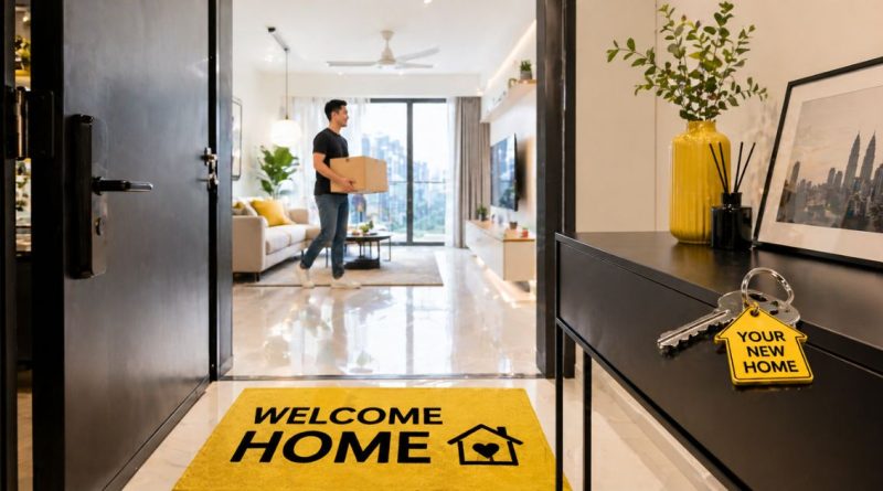 A bright and airy Malaysian apartment interior visualizing the frictionless entry of zero deposit rental with a yellow welcome mat and keys on a table
