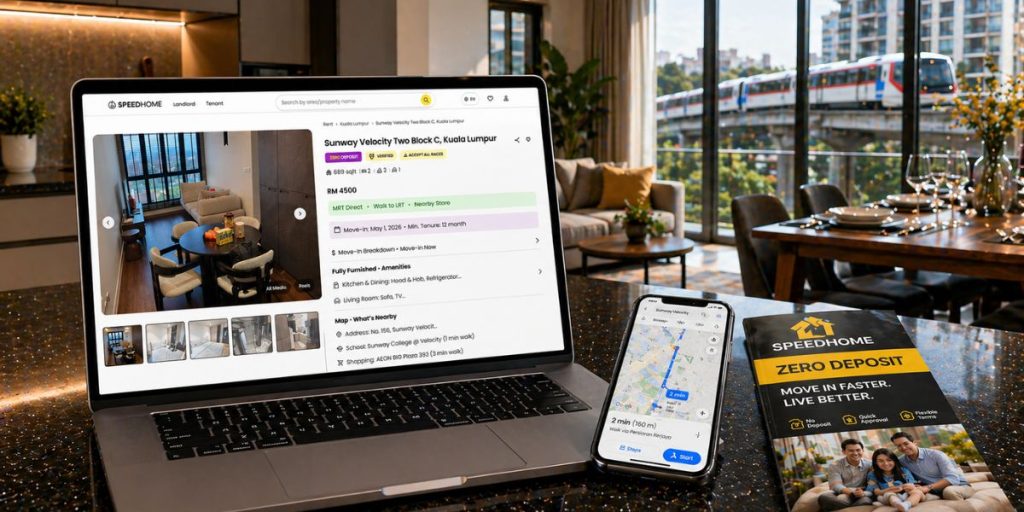 A bright, modern interior of a KL condo unit featuring a digital summary table of rental rates and distances for the top 12 LRT-adjacent properties