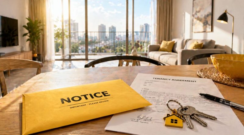 A bright Malaysian apartment interior showing a formal termination notice and keys on a table, symbolizing a legal and planned early termination of tenancy