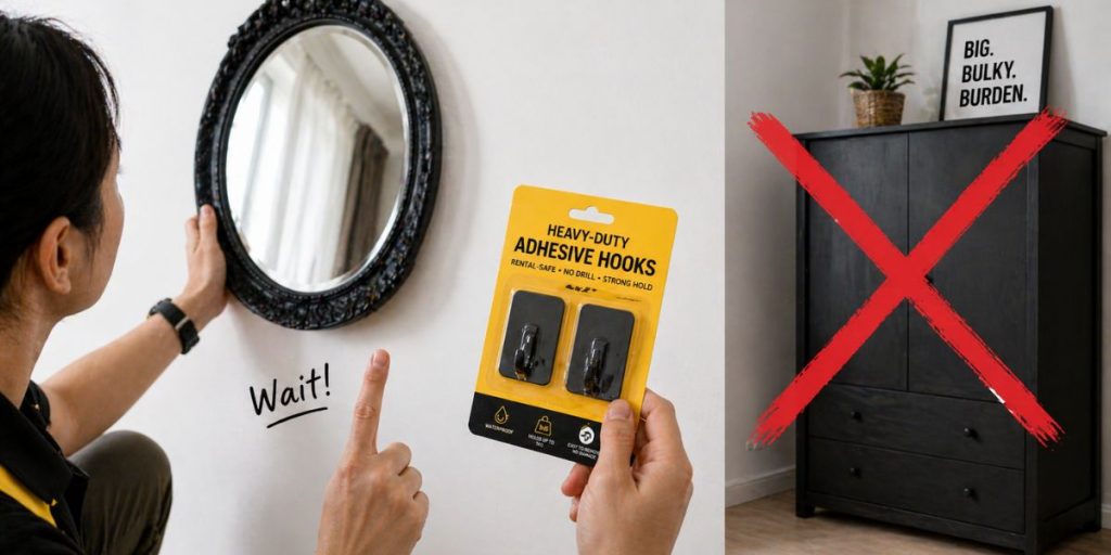 A cautionary visual showing a tenant opting for rental-safe adhesive hooks over drilling for a mirror, emphasizing the importance of non-permanent housewarming gifts