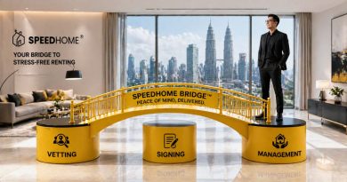 A high-impact metaphor for Malaysian landlords showing a bridge connecting tenant vetting, signing, and long-term management