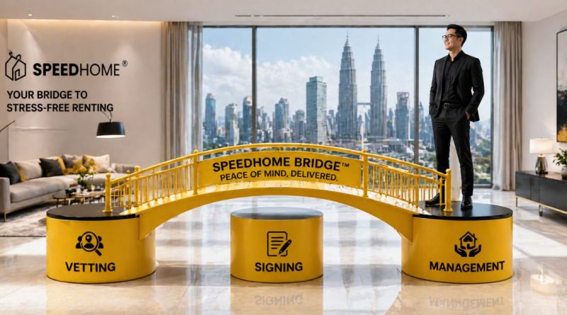 A high-impact metaphor for Malaysian landlords showing a bridge connecting tenant vetting, signing, and long-term management