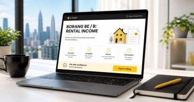 A laptop screen displaying the Malaysian LHDN e-Filing portal interface alongside a yellow pen, representing an annual tax filing guide for rental income
