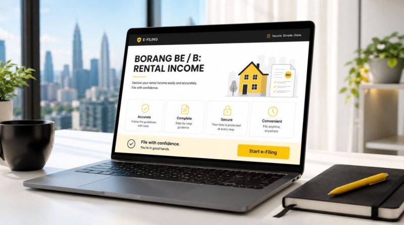 A laptop screen displaying the Malaysian LHDN e-Filing portal interface alongside a yellow pen, representing an annual tax filing guide for rental income