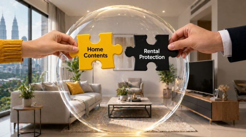A metaphor for Malaysian renters insurance showing a tenant and landlord assembling a protection bubble with _Home Contents_ and _Rental Protection_ puzzle pieces