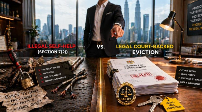 A metaphorical photograph visualizing the contrast between illegal _self-help_ eviction methods like lock changing and legal, court-backed eviction procedures in Malaysia for 2026, with the landlord choosing legality