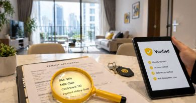 A modern Malaysian apartment scene with a magnifying glass highlighting technical tenant screening data, illustrating the _deep dive_ beyond a basic credit score