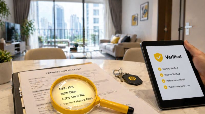 A modern Malaysian apartment scene with a magnifying glass highlighting technical tenant screening data, illustrating the _deep dive_ beyond a basic credit score