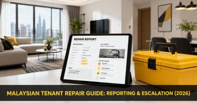 A modern tablet displaying a repair report template next to a yellow toolbox in a sunlit apartment, representing professional repair documentation in Malaysia
