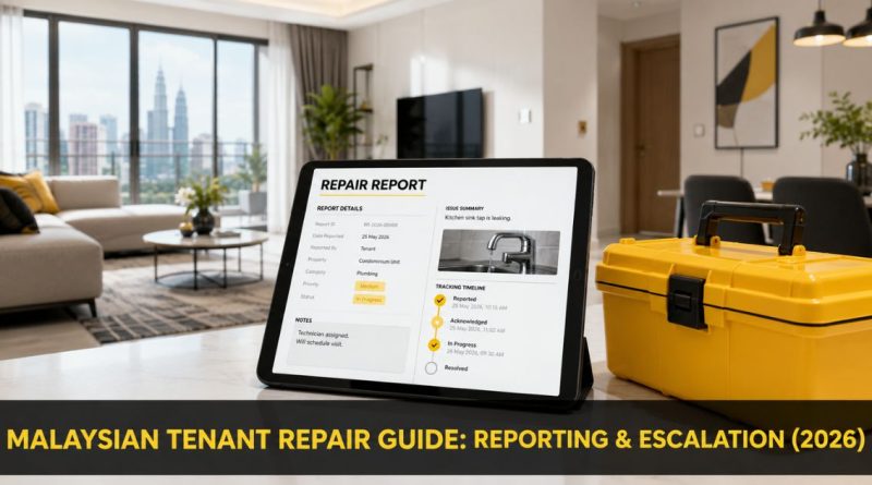 A modern tablet displaying a repair report template next to a yellow toolbox in a sunlit apartment, representing professional repair documentation in Malaysia