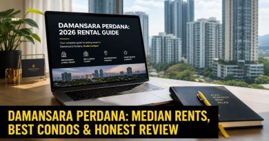 A modern high-rise apartment workspace with a laptop showing a Damansara Perdana rental guide, representing urban living choices in Petaling Jaya