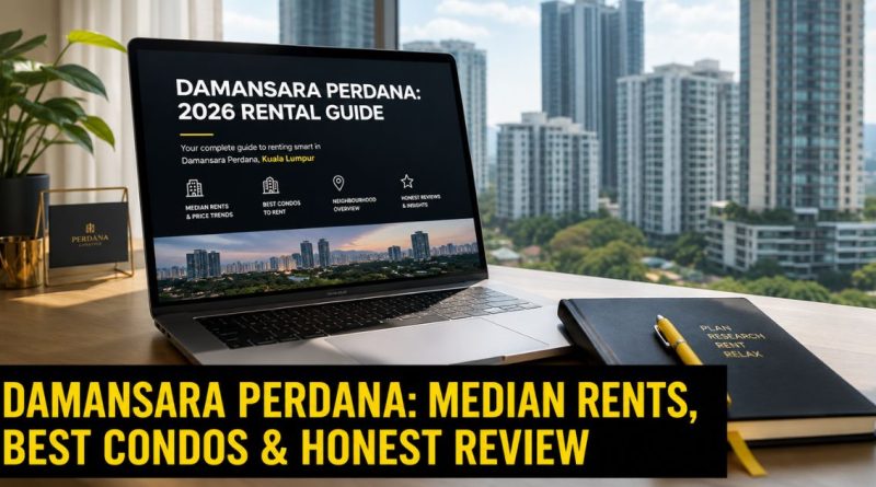A modern high-rise apartment workspace with a laptop showing a Damansara Perdana rental guide, representing urban living choices in Petaling Jaya