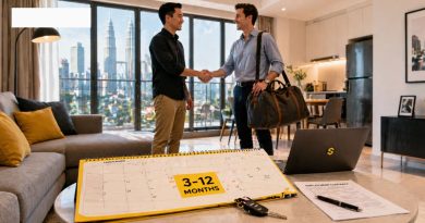 A modern Malaysian apartment scene visualizing a flexible 3-12 month short-term rental; a yellow calendar planner, keys, and a contract are on a table as a landlord and expat tenant shake hands.