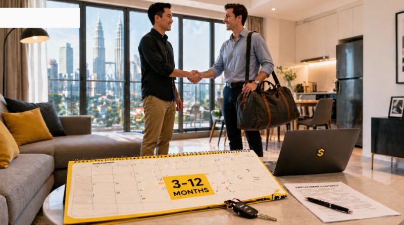 A modern Malaysian apartment scene visualizing a flexible 3-12 month short-term rental; a yellow calendar planner, keys, and a contract are on a table as a landlord and expat tenant shake hands.