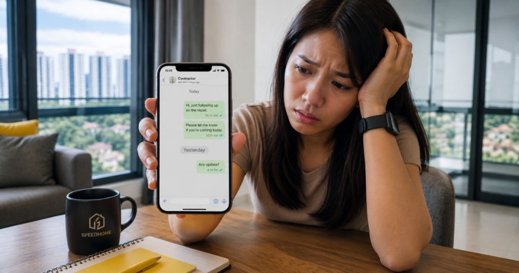 A tenant sitting anxiously at a table checking their phone, which shows unreturned messages regarding a repair request.  Image 4_ Supporting Image 3_ (Speedfix Workflow and Transparency)