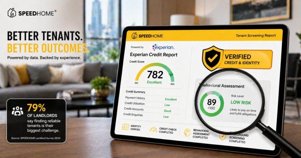 A visual representation of SPEEDHOME’s tenant screening process in Malaysia, including Experian credit checks and behavioral assessments