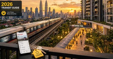 A wide-angle sunset view of a luxury KL condominium balcony overlooking an LRT train in motion, symbolizing the ultimate transit-oriented lifestyle in 2026