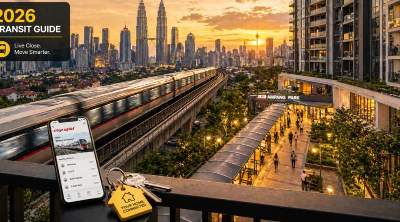 A wide-angle sunset view of a luxury KL condominium balcony overlooking an LRT train in motion, symbolizing the ultimate transit-oriented lifestyle in 2026