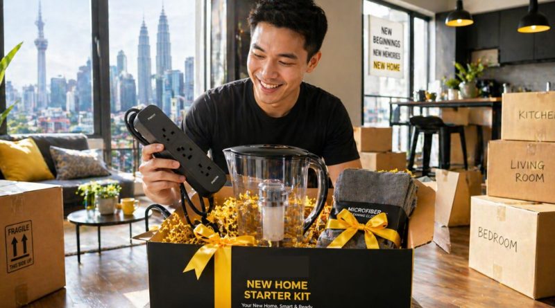 A wide-angle, bright photo of a tenant in a modern Malaysian studio unboxing a practical housewarming gift set, symbolizing a perfect move-in experience in 2026