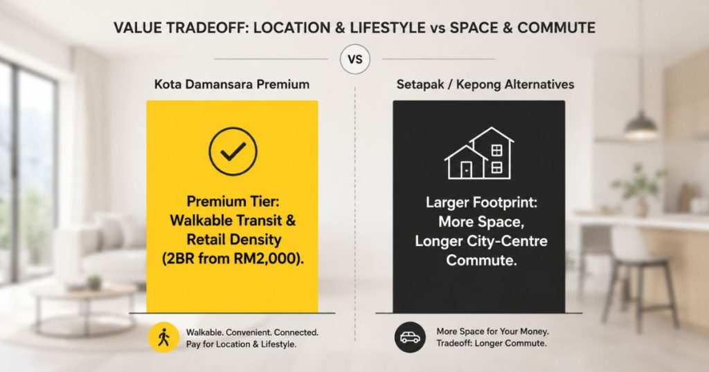 An infographic bar chart comparing average monthly rental value patterns between Kota Damansara and adjacent KL suburbs