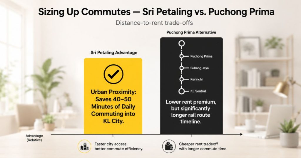 An infographic bar chart evaluating travel time savings versus rental cost differentials between Sri Petaling and Puchong Prima