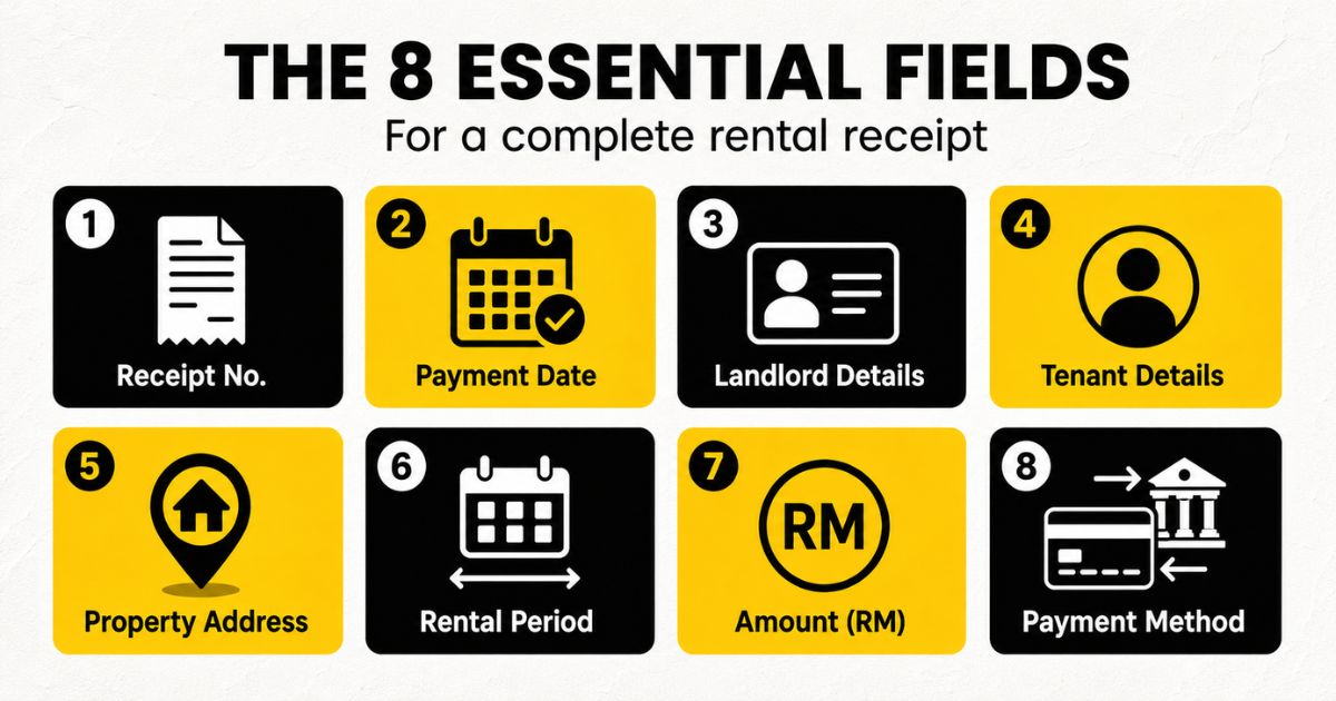 An infographic breakdown of the eight mandatory fields required on a Malaysian rental receipt