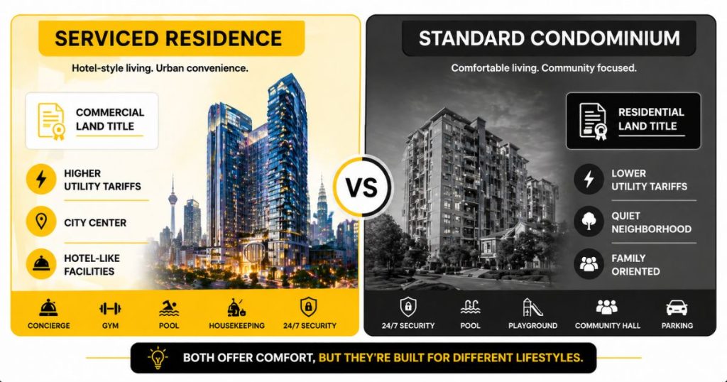 An infographic comparing land titles, utility rates, and facilities between serviced residences and standard condominiums in Malaysia