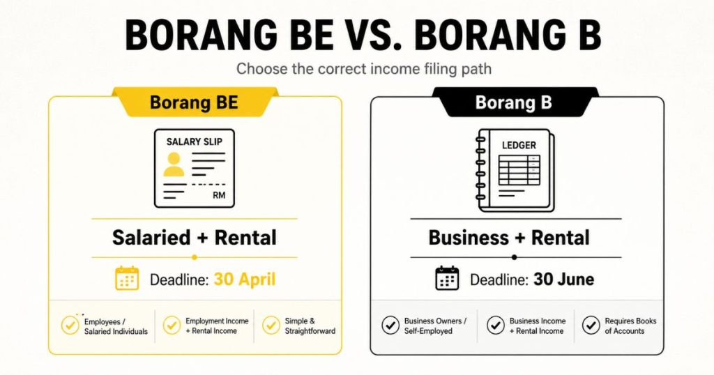 An infographic table comparing the filing deadlines and selection criteria for Malaysian LHDN tax forms Borang BE and Borang B