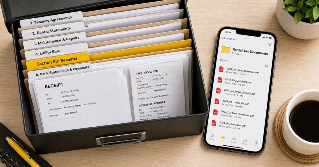 An organized filing system and smartphone showing digital storage folders for tax-deductible rental receipts