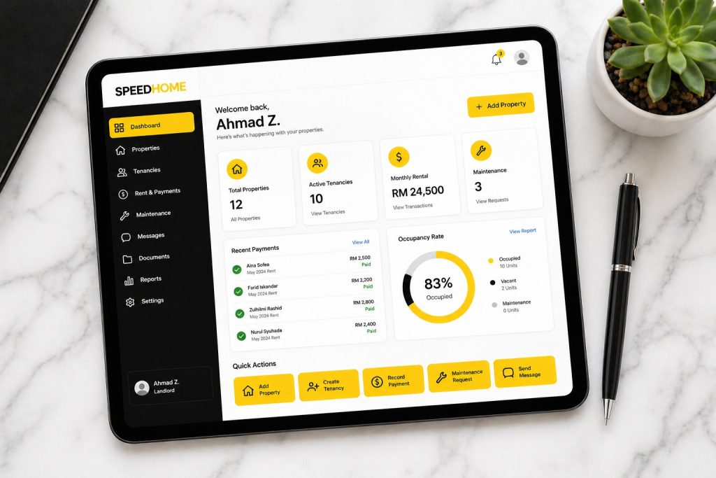 Dashboard pemilik SPEEDHOME yang menunjukkan ketelusan bayaran sewa dan status penyelenggaraan.