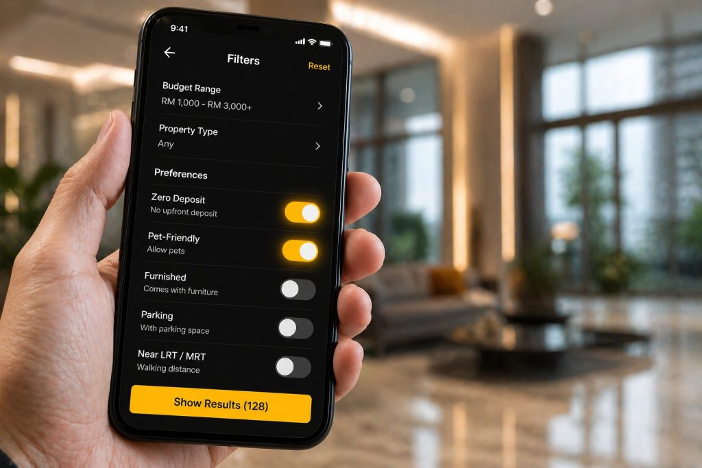 Menggunakan filter carian online untuk mencari rumah sewa zero deposit dan mesra haiwan peliharaan.