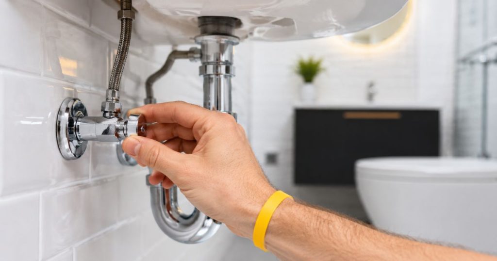 Close-up of a tenant turning off the main water valve to prevent flood damage during a pipe burst